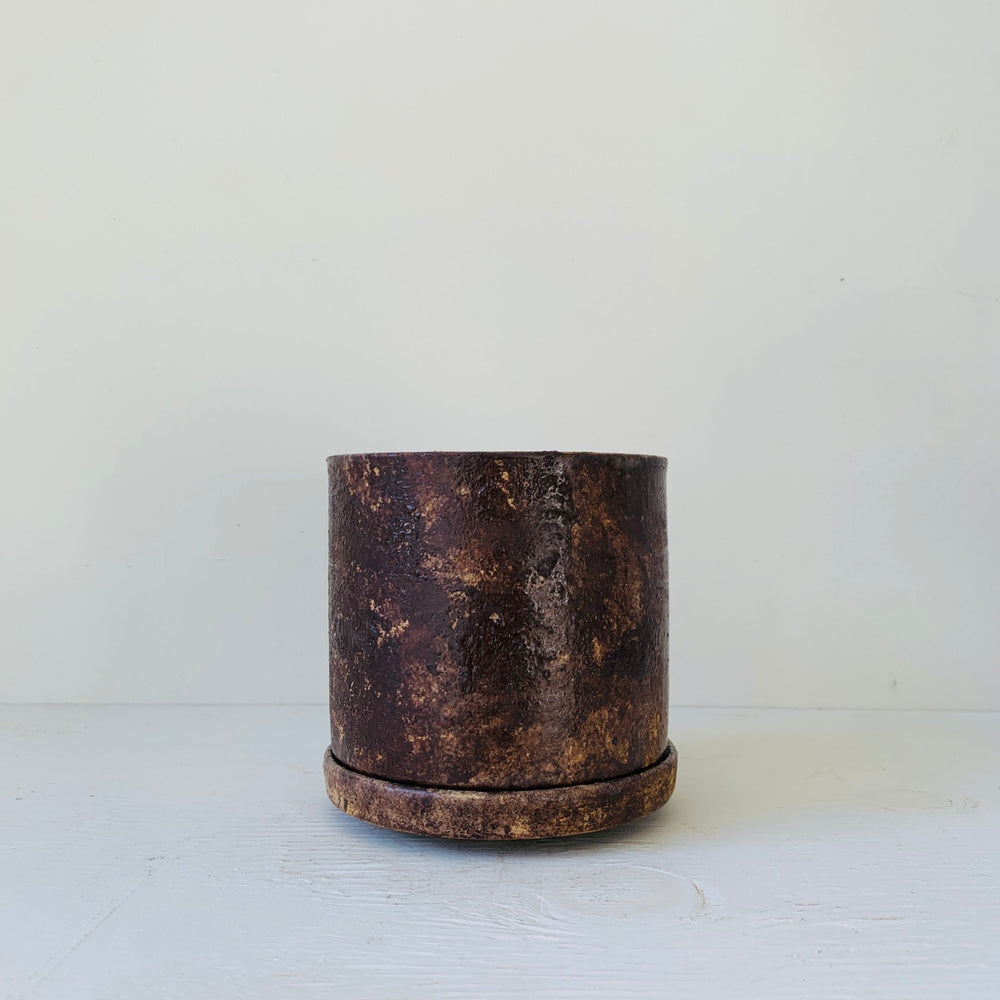 4" MIKA's Handmade Kohiki Pot with Drainage Hole and Saucer (Brown) - MIKAFleurHardgoods